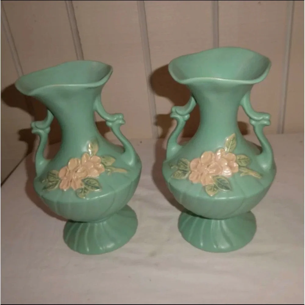 VTG Weller Pottery Wild Rose Green Matte Twin-Handled Vase –$62 Ea - 2 Avail